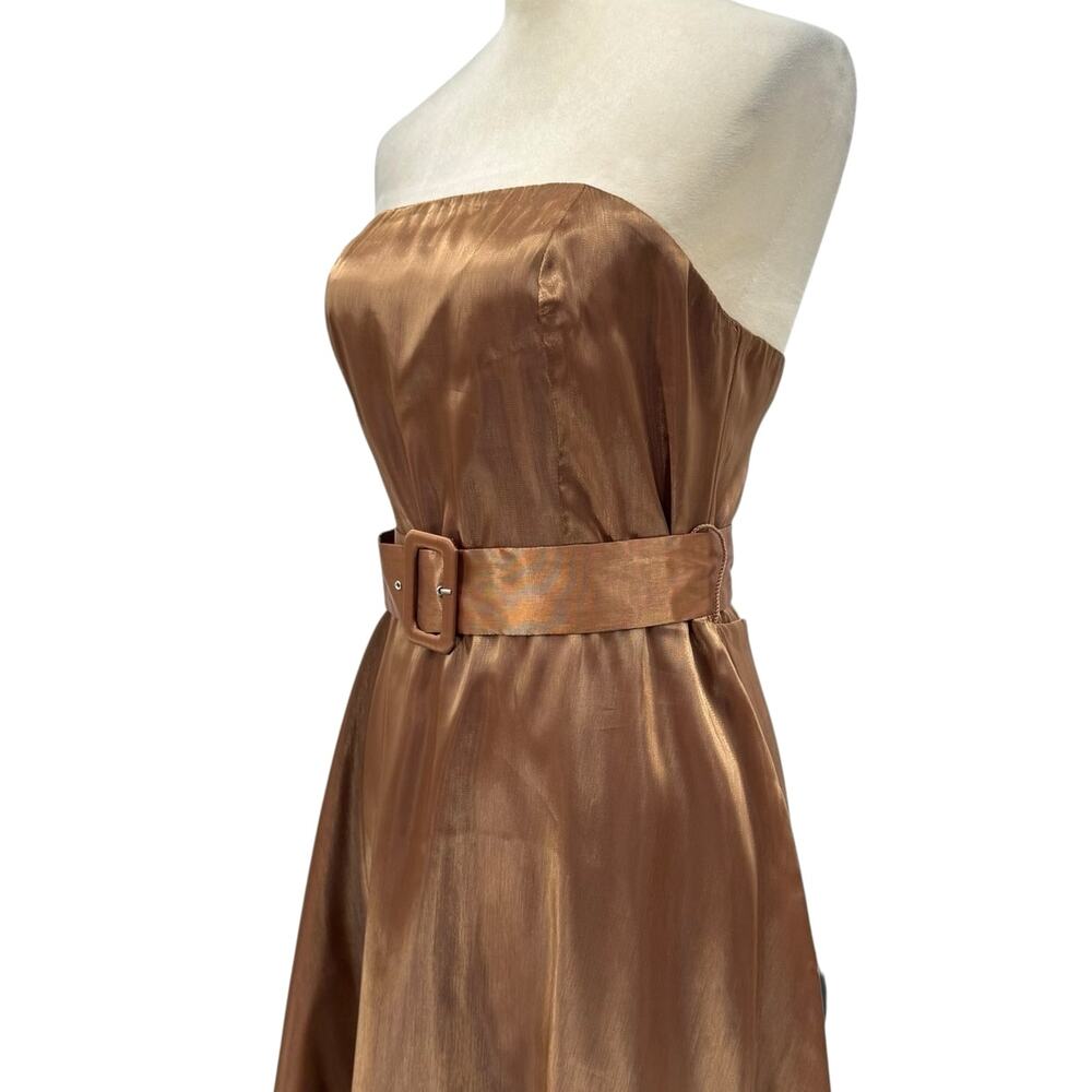 Lulu’s NWT Chicly Stunning Shiny Brown Organza Strapless Belted Midi Dress - Picture 8 of 14